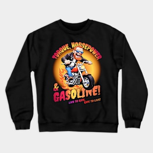 Funny biker riding a chopper, popping a wheelie motorcycle cartoon Crewneck Sweatshirt